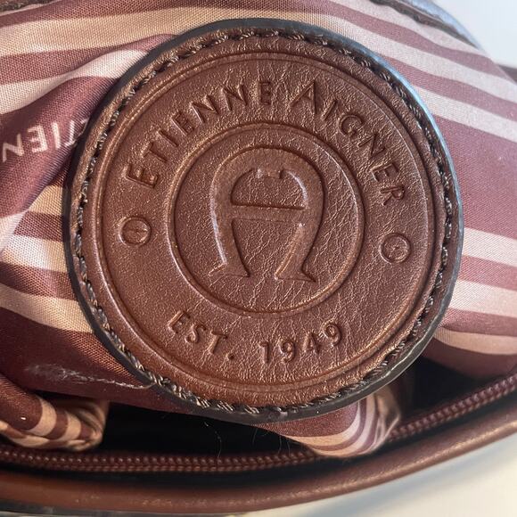 Etienne Aigner Brown Striped Bag Womens Leather Trim Handbag Purse - Picture 8 of 14